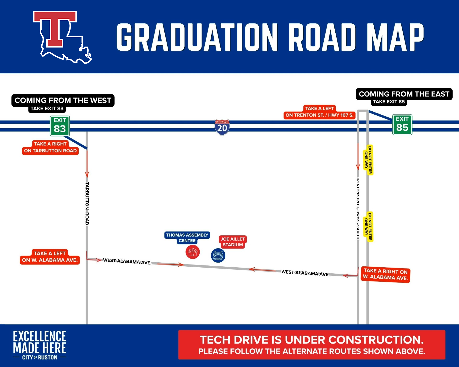 A road map shows alternate routes to reach the Thomas Assembly Center from Interstate 20: - I-20 Eastbound - Take exit 83 onto Tarbutton Rd. Head south on Tarbutton Rd before turning east (a left turn) onto LA-150 until you reach the Thomas Assembly Center. - I-20 Westbound - Take exit 85 onto Hwy 167 (N Trenton St) south until you reach W Alabama Ave. Turn west (a right turn) and stay on W Alabama Ave until you reach the Thomas Assembly Center.
