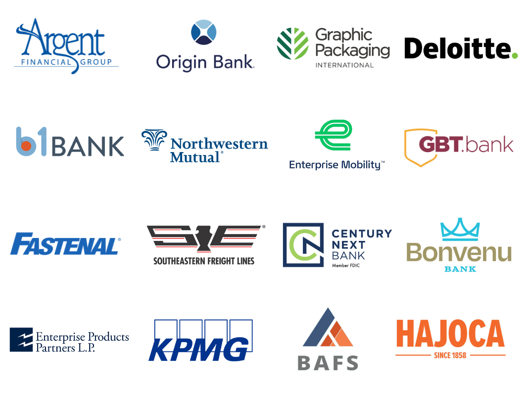 The logos of the College of Business corporate partners are displayed, including Argent Financial Group, Origin Bank, Graphic Packaging International, Deloitte, b1 Bank, Northwestern Mutual, Enterprise Mobility, GBT Bank, Fastenal, Southeastern Freight Lines, Century Next Bank, Bonvenu Bank, Enterprise Products Partners L.P., KPMG, BAFS, and Hajoca
