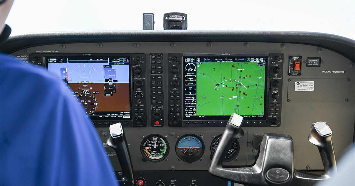 An airplane cockpit dashboard