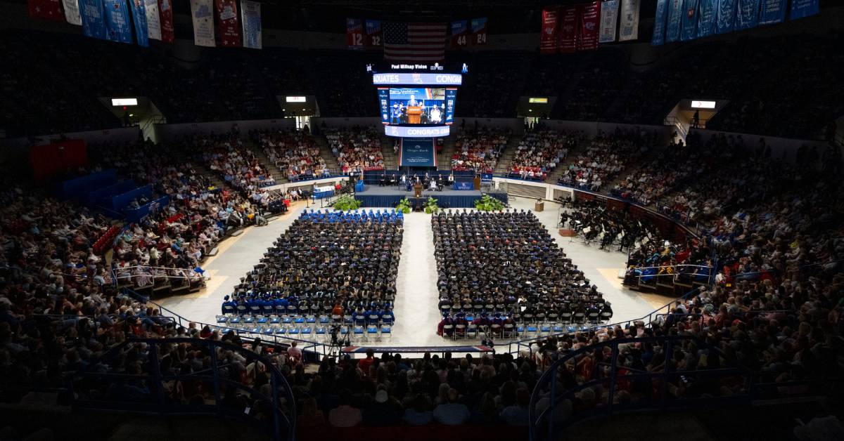 A wide angle of a full graduation ceremony at Louisiana Tech