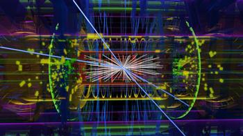 Graphic depiction of a Higgs decaying into four particles called muons, which are heavy cousins of the electron - Courtesy of CERN