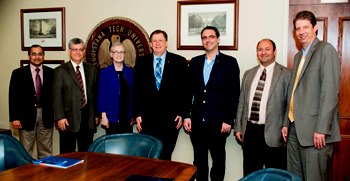 From left: Dr. Ramu Ramachandran, Dr. Stan Napper, Dr. Terry McConathy, Louisiana Tech President Les Guice, Professor Guillermo Badenes, Dr. Pedro Derosa, Dr. Hisham Hegab.