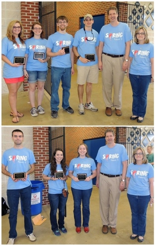 Top picture (from left): 2015 Outstanding Seniors Morgan Tanner, Christa Swafford, Benjamin Beach, Benjamin Curry with COES Dean Dr. Hisham Hegab, Associate Dean Dr. Jenna Carpenter. Bottom picture (from left): 2015 Outstanding Juniors Samuel Helman, Morgan Bollich, Courtney Jennings with COES Dean Dr. Hisham Hegab, Associate Dean Dr. Jenna Carpenter.