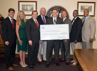 L-R: David Vinet (AT&T), Jan Waguespack (AT&T), State Representative Rob Shadoin, State Senator Jim Fannin, Louisiana Tech President Les Guice, State Representative Jack McFarland, State Representative Patrick Jefferson, and David Aubrey (AT&T).