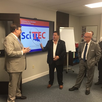 Louisiana Tech President Les Guice (left) welcomes Lt. Governor Billy Nungesser (center) with College of Education Dean Don Schillinger (right).