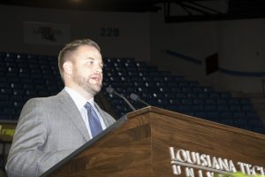 Jamie Adams delivers the commencement address at the Fall 2018 Commencement exercises.