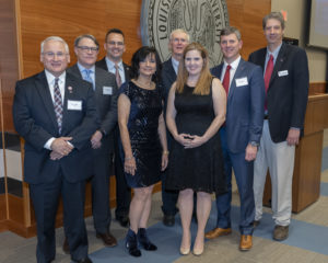 COES Distinguished Alumni are (from left)) Ronald S. Lindsey, Matthew Wallace, Lt. Col. Paul Konyha, Dr. Marsha Friedrich, Dr. Kenny Crump, Kathleen Cummings (received award on behalf of Joshua Cummings), and Jeffrey Plauche, with Dean Hegab. Not pictured: Douglas Houston, Michael Couvillion, Jesse Wilkins and Dr. Bruce Patton.