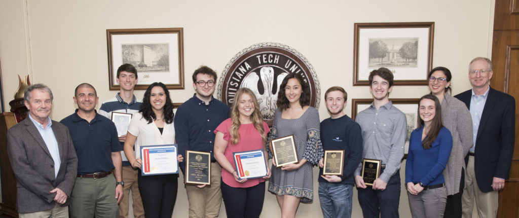 Pictured are (from left) Dr. Bill Campbell, Dr. Paul Jackson, Nathan Bolner, India Pursell, John Bradley Cart, Hannah Logan, Annabelle Grounds, Conner Bennett, Conner Hartupee, Dr. Natalie Clay, Dr. Jamie Newman, and Dean Gary Kennedy.