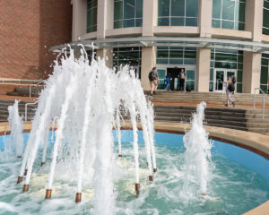 Front fountains at the new Integrated Engineering and Science Building
