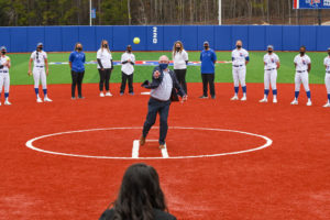 Governor Edwards throws out the first pitch for softball.