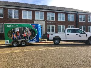 Louisiana Tech's new mobile Forestry classroom sits near Reese Hall.