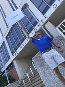 Gabe Freeman prepares to lead a tour of campus.