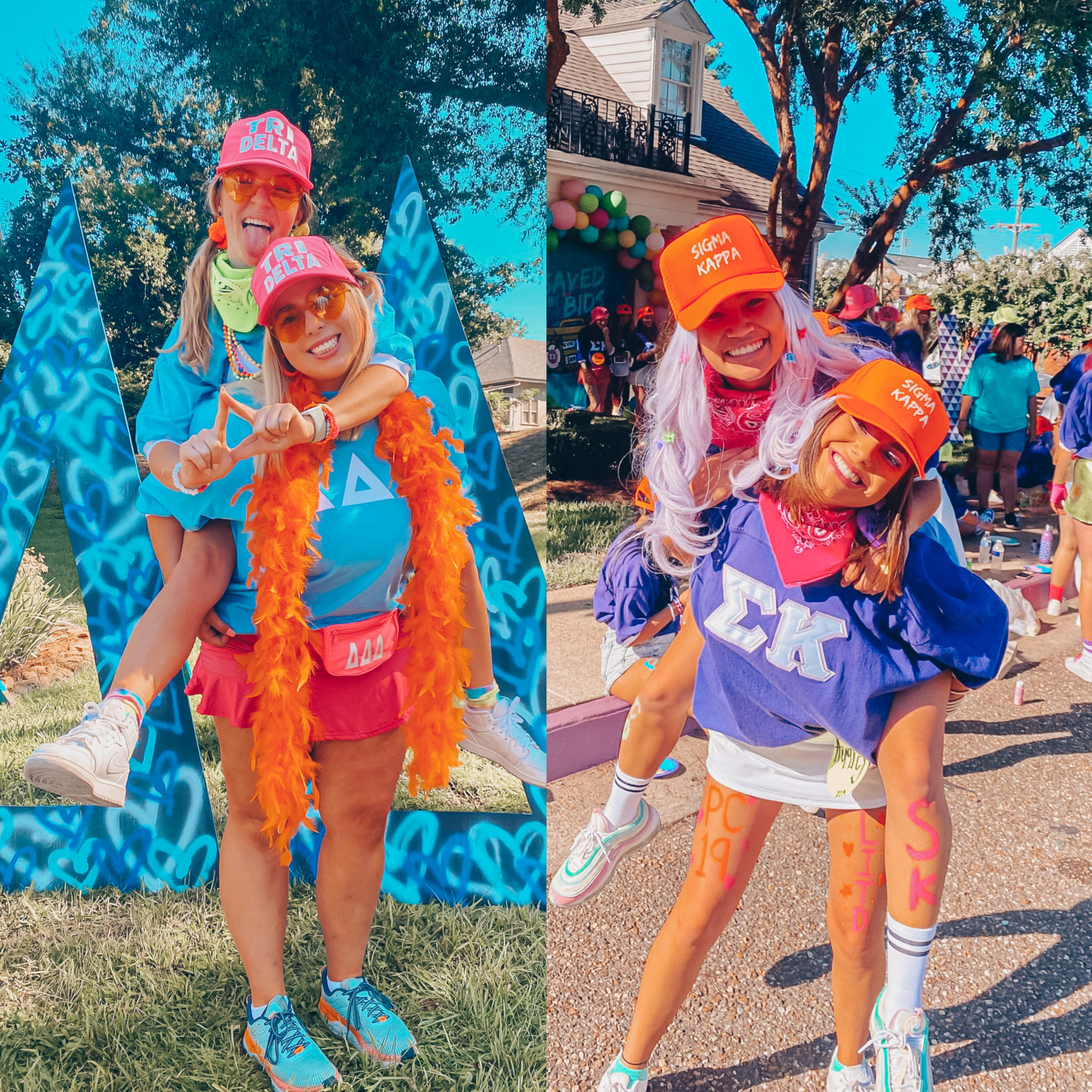 Members of Tri Delta Sorority and Sigma Kappa Sorority pose for a picture