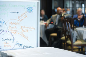 A white board in the foreground, groups of research faculty members watch a presentation in the background.